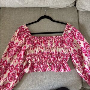 Smocked Off-Shoulder Pink Print Women's Top